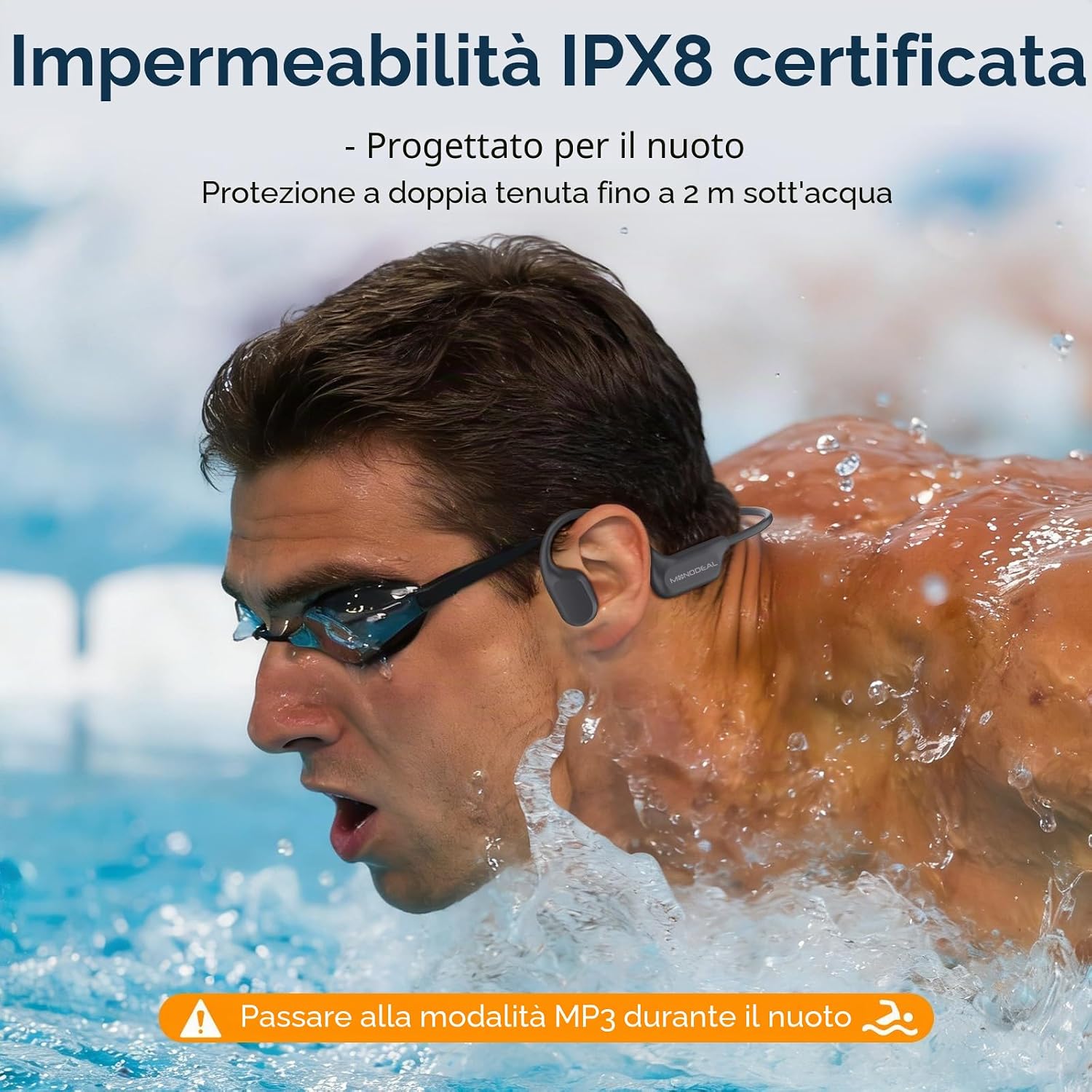 Detalle de Cuffie Conduzione Ossea Subacquee MP3 16GB per Piscina – 26 g, IPX8, Bluetooth 6.0