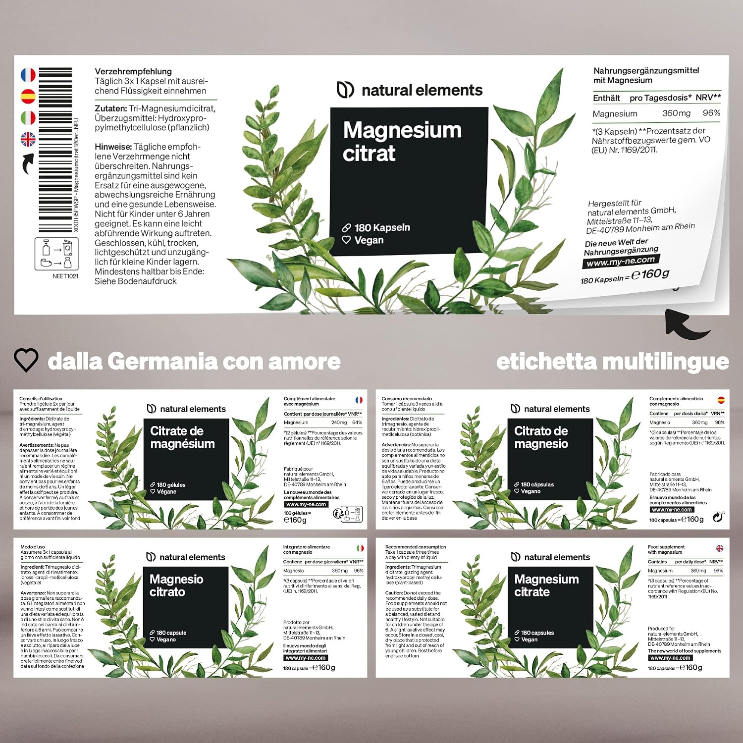 Thumbnail 4 de Magnesio Citrato Premium in capsule Natural Elements – 2320 mg, con 360 mg di magnesio elementare per dose giornaliera