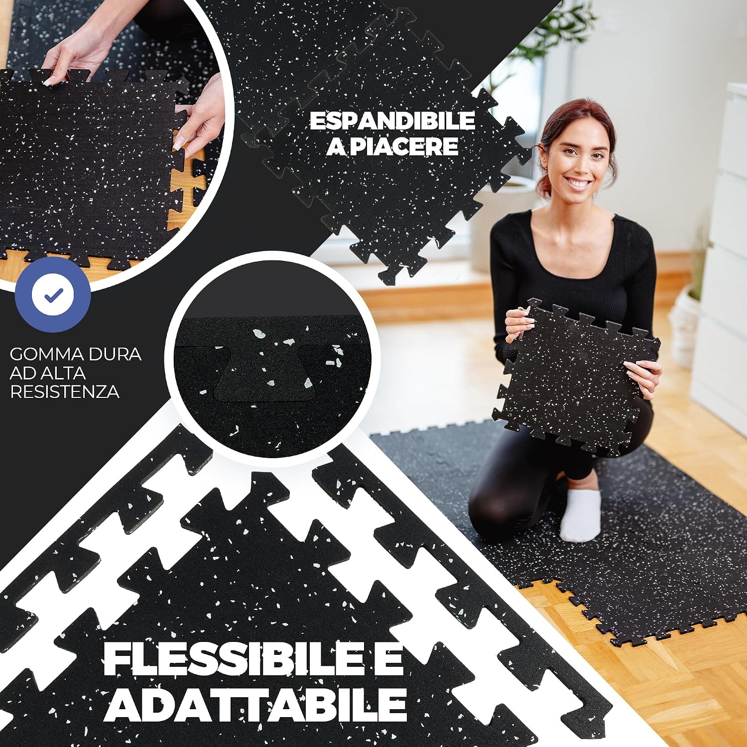 Detalle 2 de Tappeto Palestra Puzzle in Gomma Naturale: Tappetino Fitness da Ginnastica 9 Moduli 30x30x0,6 cm + Bordo, Pavimento Protettivo per Home Gym