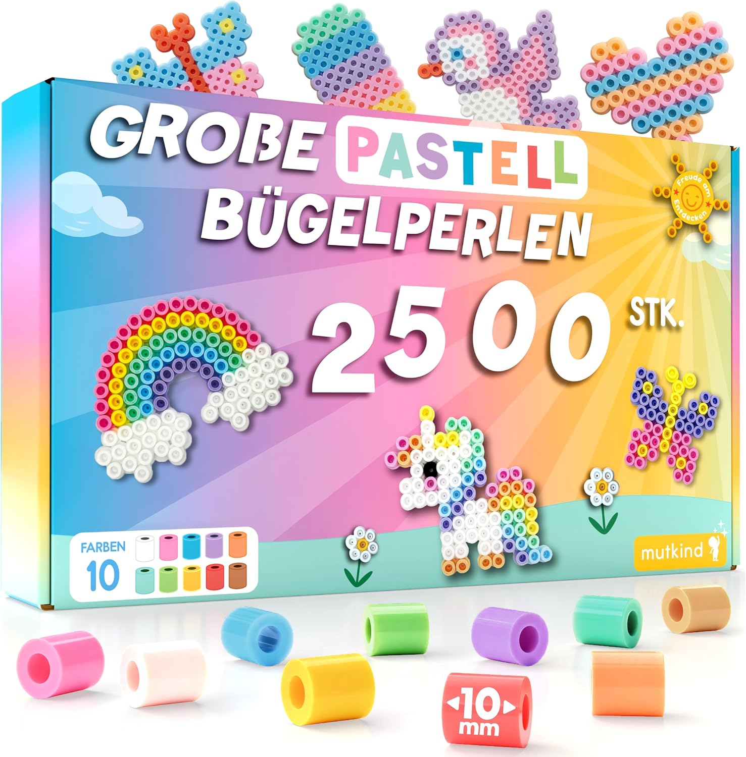 Detalle de MUTKIND® 2500x Bügelperlen Groß 10mm – XL Steckperlen Set mit 10 Farben, ab 3 Jahren