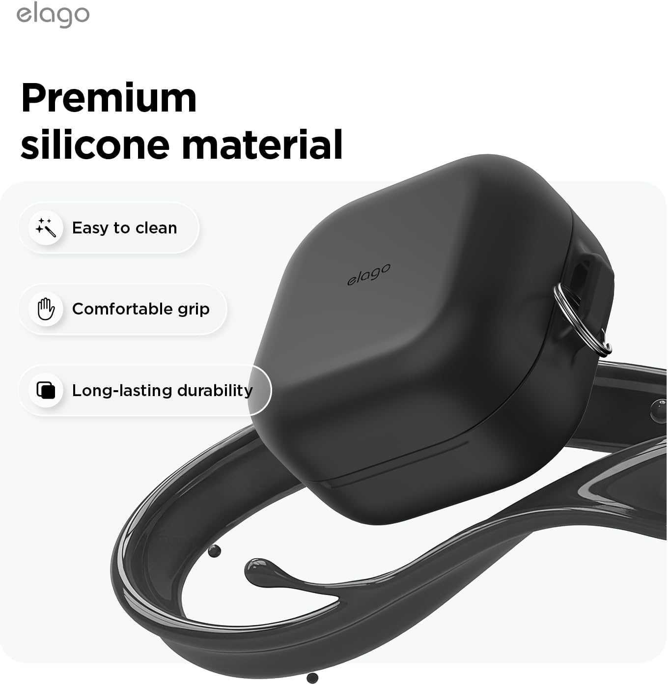 Detalle de elago Coque en silicone pour boîtier Samsung Galaxy Buds 4 Pro & Buds 4, protection avec mousqueton et compatibilité charge sans fil (Noir)