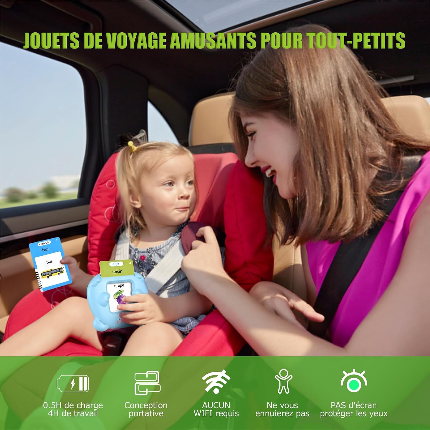 Detalle de Cartes Flash Parlantes Montessori – 112 cartes, 224 mots, bilingue FR/EN (Bleu) – Jeu éducatif sans écran