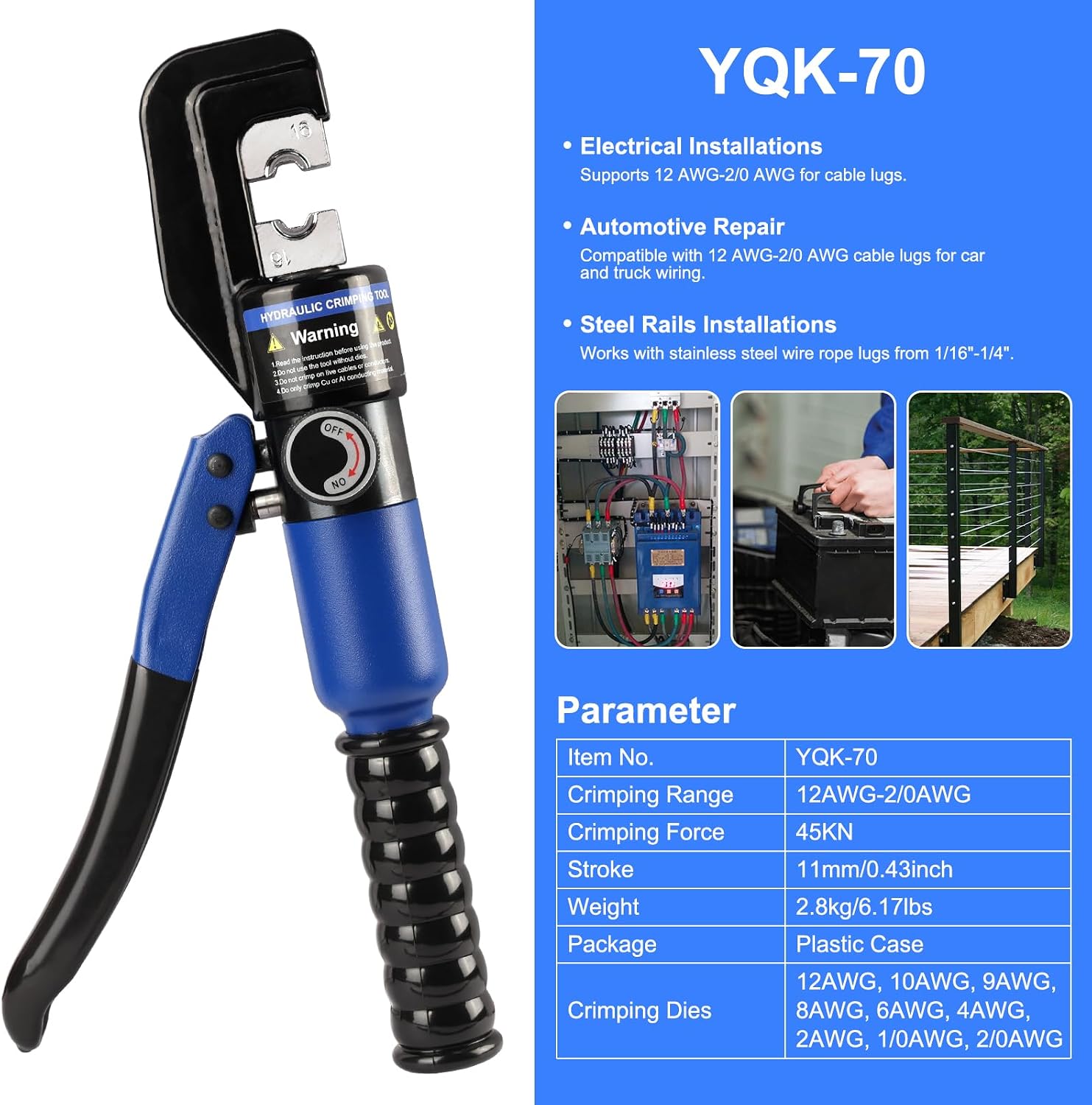 Detalle 2 de Solsop YQK-70BU Hydraulic Crimping Tool, 10 Ton, 9 Dies, 12–2/0 AWG