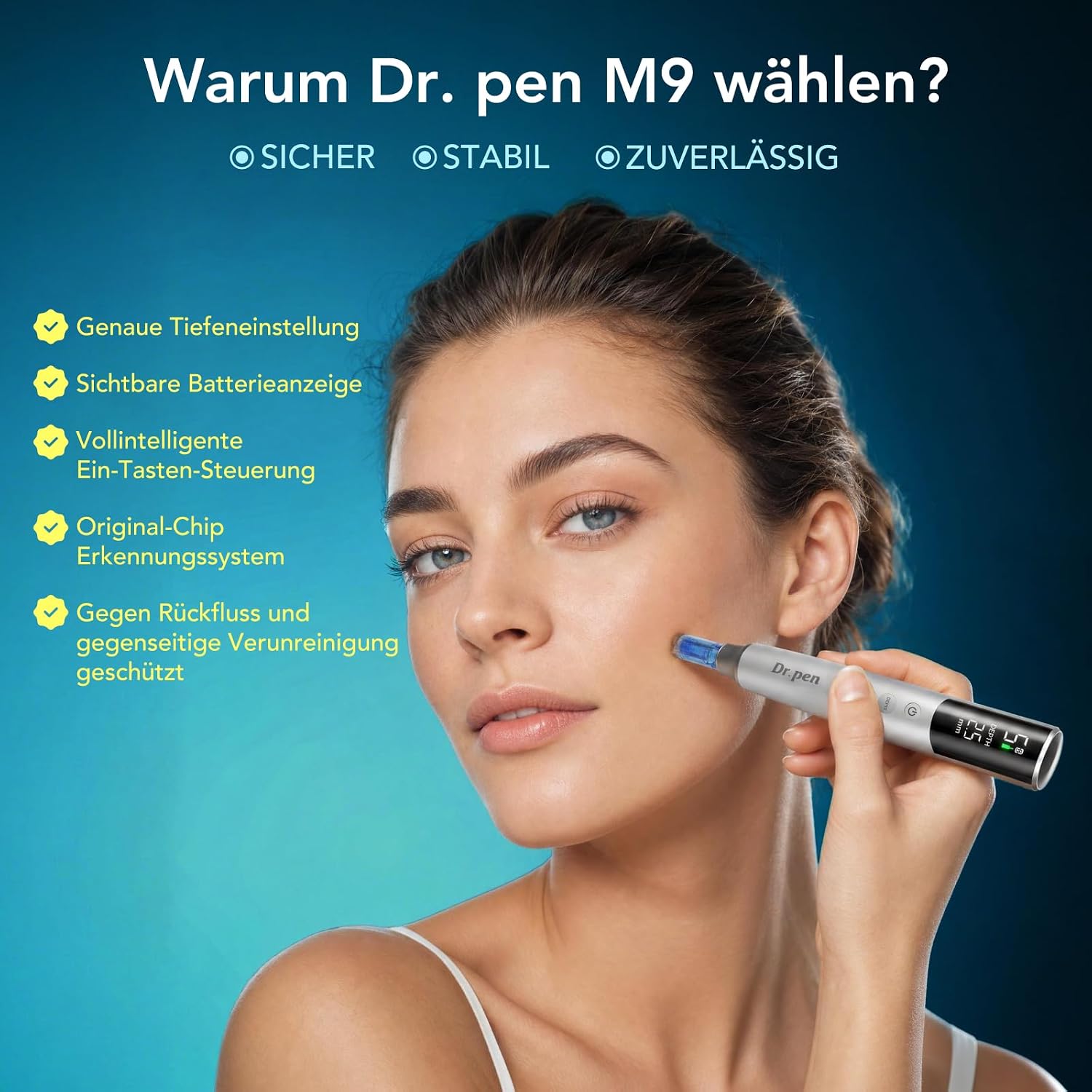 Detalle de Dr.pen Ultima M9 2026 kabellos Microneedling – Tiefeneinstellung 0–2,5 mm, LED-Display, 700 mAh Akku