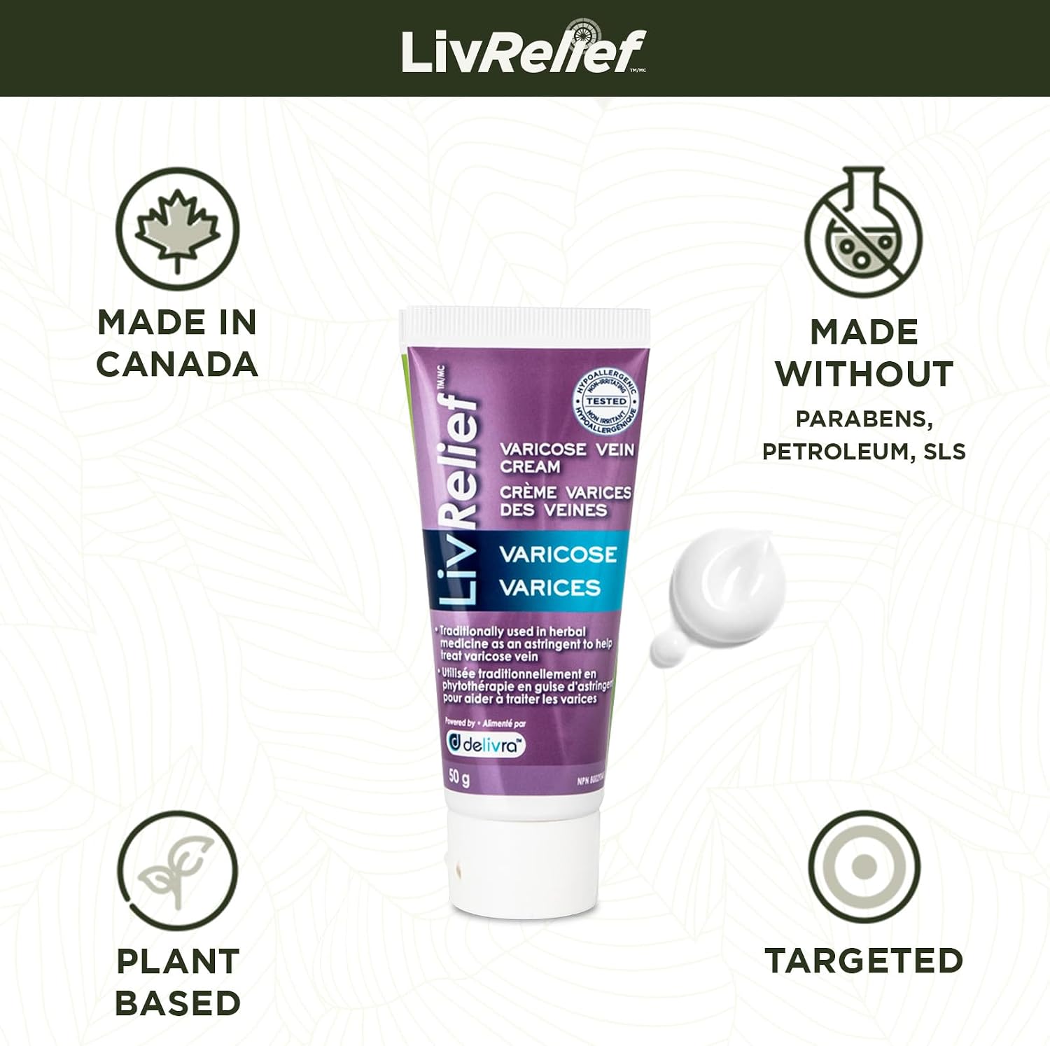 Detalle 2 de LivRelief Varicose Vein Relief Cream, 50 g, Menthol, Unscented