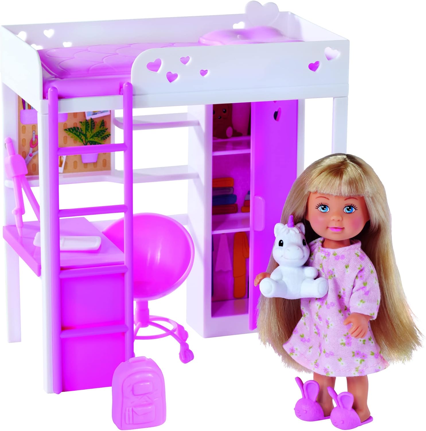 Simba Evi Love chambre mini avec lit mezzanine et bureau, poupée 12 cm