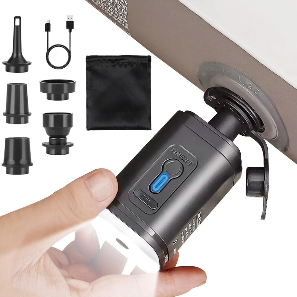 Detalle de MUCHER draagbare elektrische luchtpomp met ledlamp, 2400 mAh en 5 mondstukken