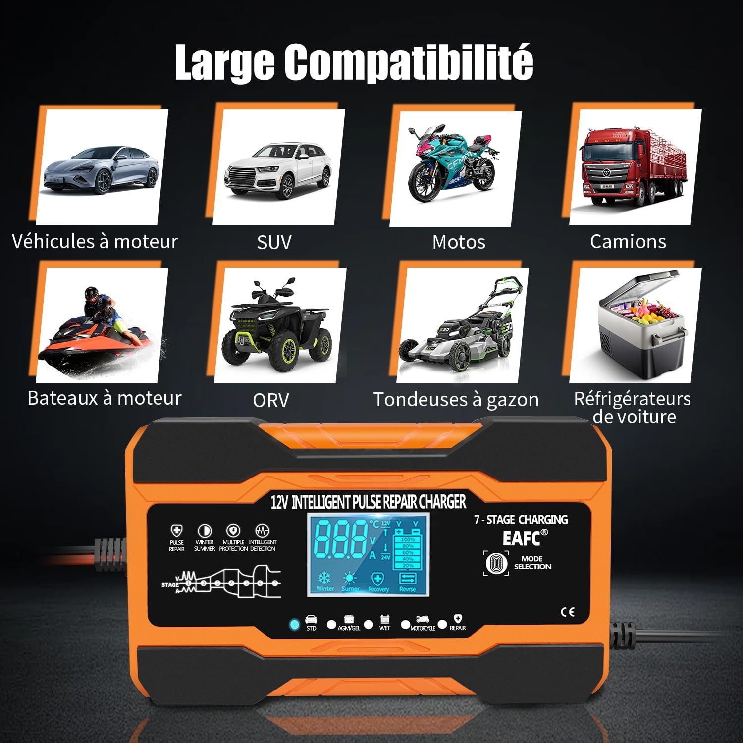 Thumbnail 6 de EAFC Chargeur de Batterie Voiture 12A 12V Intelligent avec écran LCD – Maintien et Réparation par impulsions