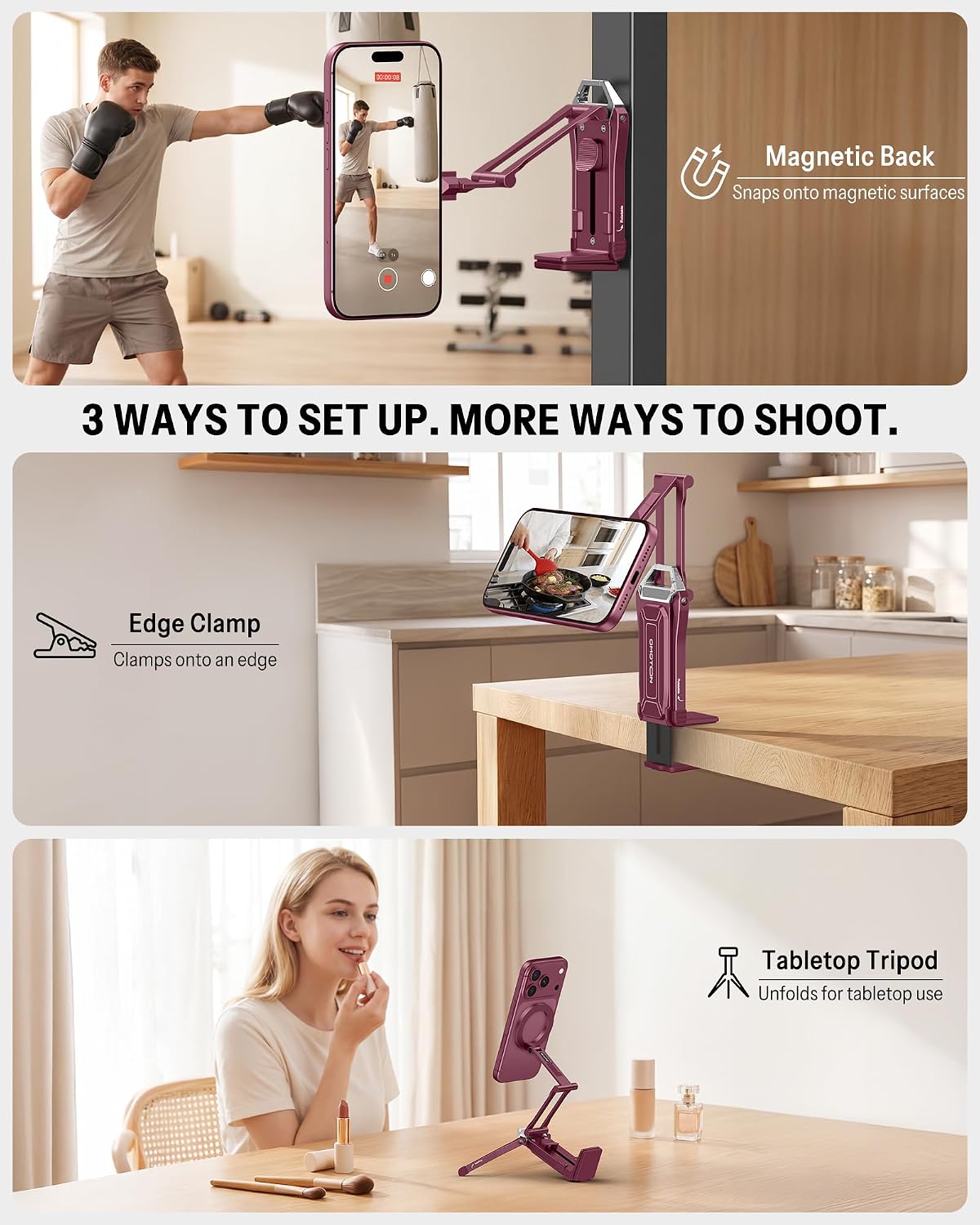 Detalle 2 de OMOTON TP02-Wine Red Magnetic Phone Tripod, 360° Rotation, Foldable