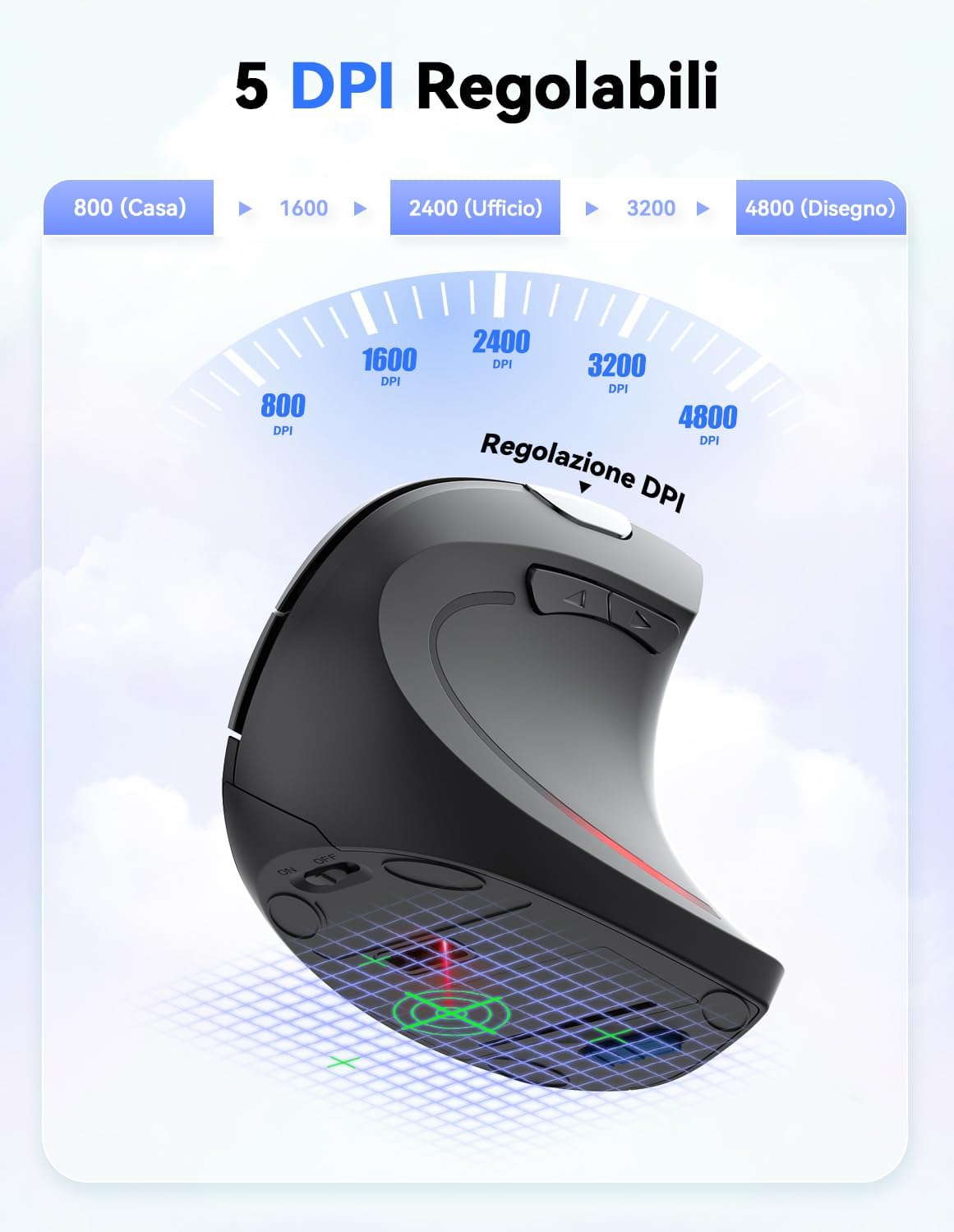 Detalle de TECKNET Mouse Verticale: 4800 DPI, wireless, ergonomico e silenzioso per PC, Mac e Laptop