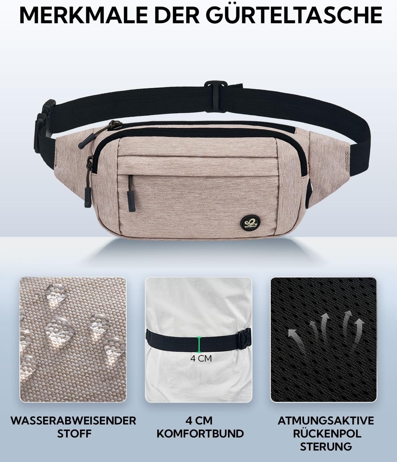 Detalle de WATERFLY Bauchtasche / Hüfttasche klein für Herren & Damen – Sport-Bum-Bag in Beige mit Verlängerungsgurt