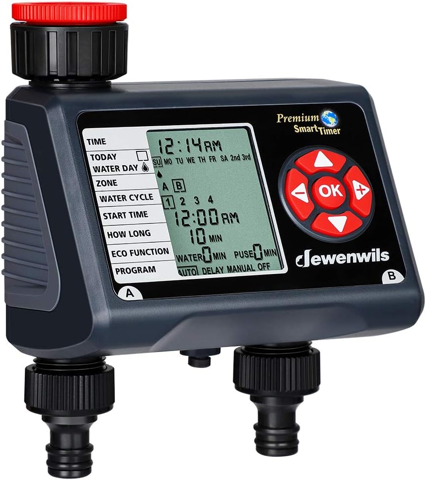 Detalle de DEWENWILS Centralina irrigazione: timer con 2 uscite indipendenti, ritardo pioggia ed ECO per giardini
