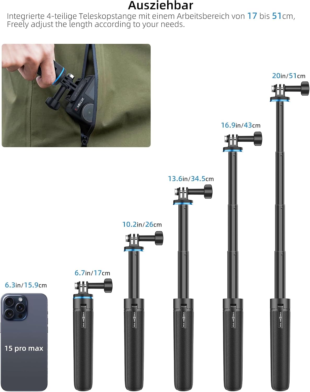 Thumbnail 3 de 51 cm Osmo Action Selfie Stick Stativ-Set für DJI Action 5 Pro/4/3, Osmo 360 – Mini-Stativ & erweiterbarer Griff
