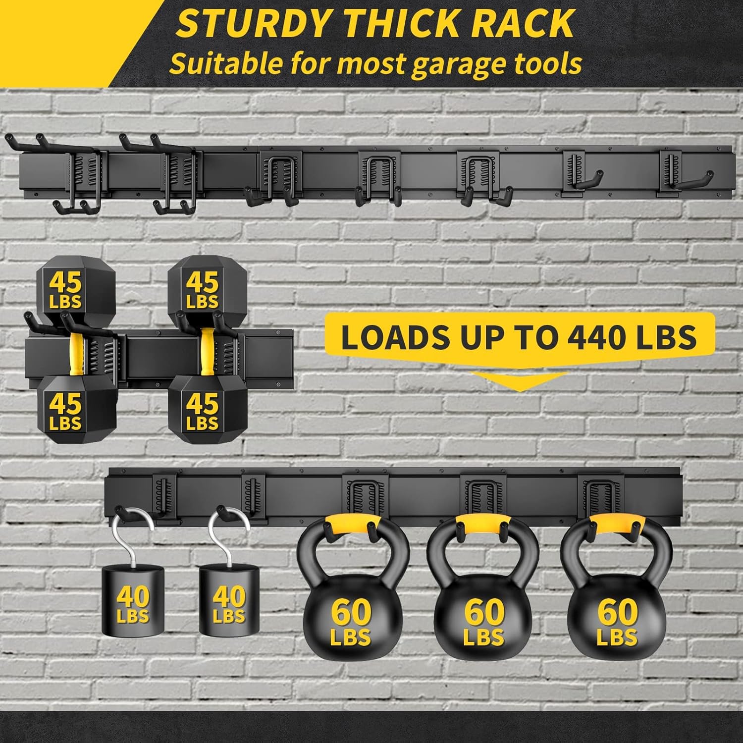 Detalle 2 de UUP 48" Garage Tool Organizer Wall Mount with Adjustable Heavy-Duty Hanging Hooks