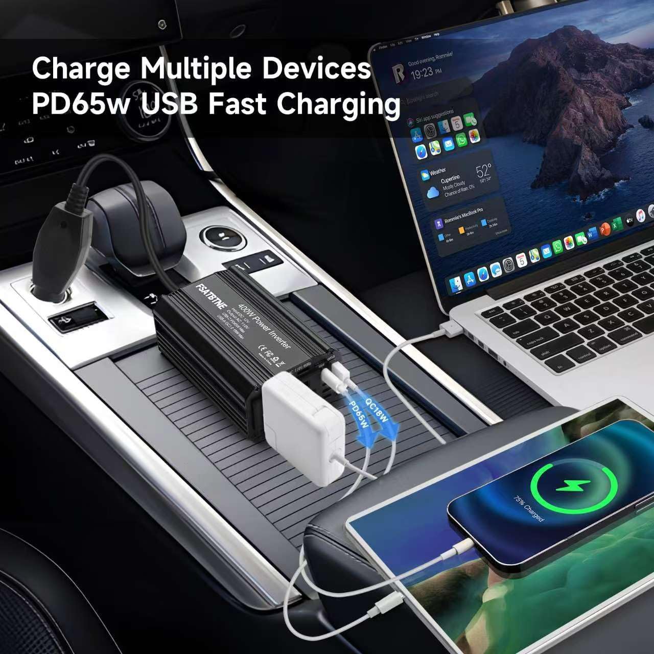 Detalle de FSATBTNE 400W Power Inverter (DC 12V to 110V AC) with 65W USB-C, 18W USB-A, and 2 AC Outlets