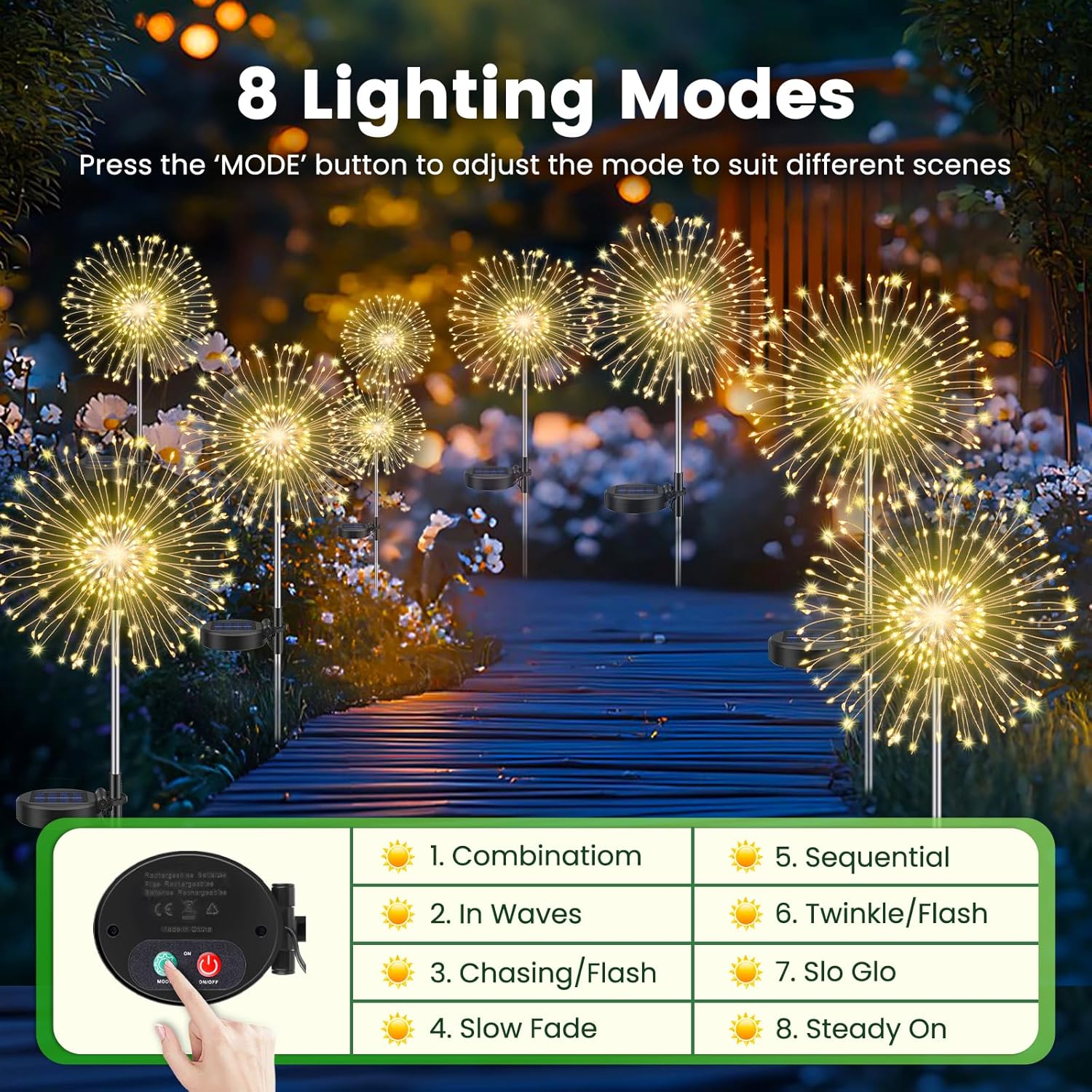 Thumbnail 6 de Pack of 4 Solar Lights Outdoor Garden – Dandelion Solar Firework Lights, 120 LEDs, 8 Modes, IP65 Waterproof
