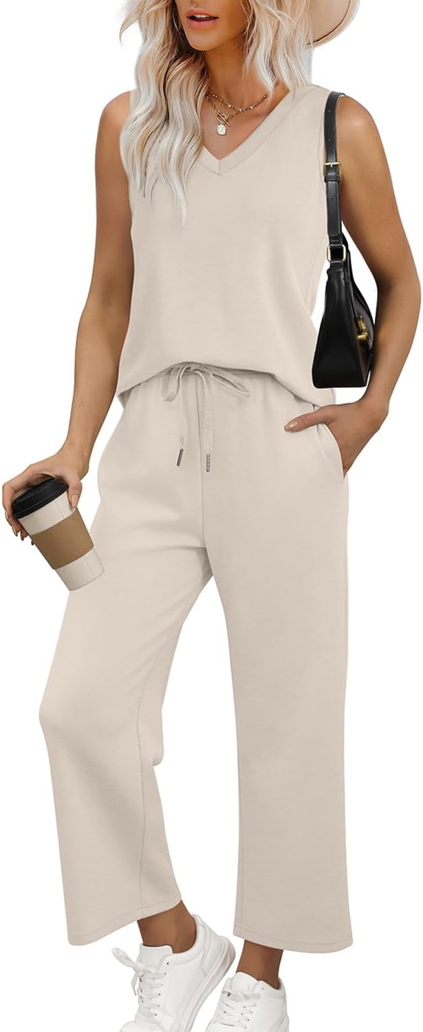 Detalle de WIHOLL Two Piece Set for Women: Summer Lounge Set with V-Neck Top and Wide-Leg Pants