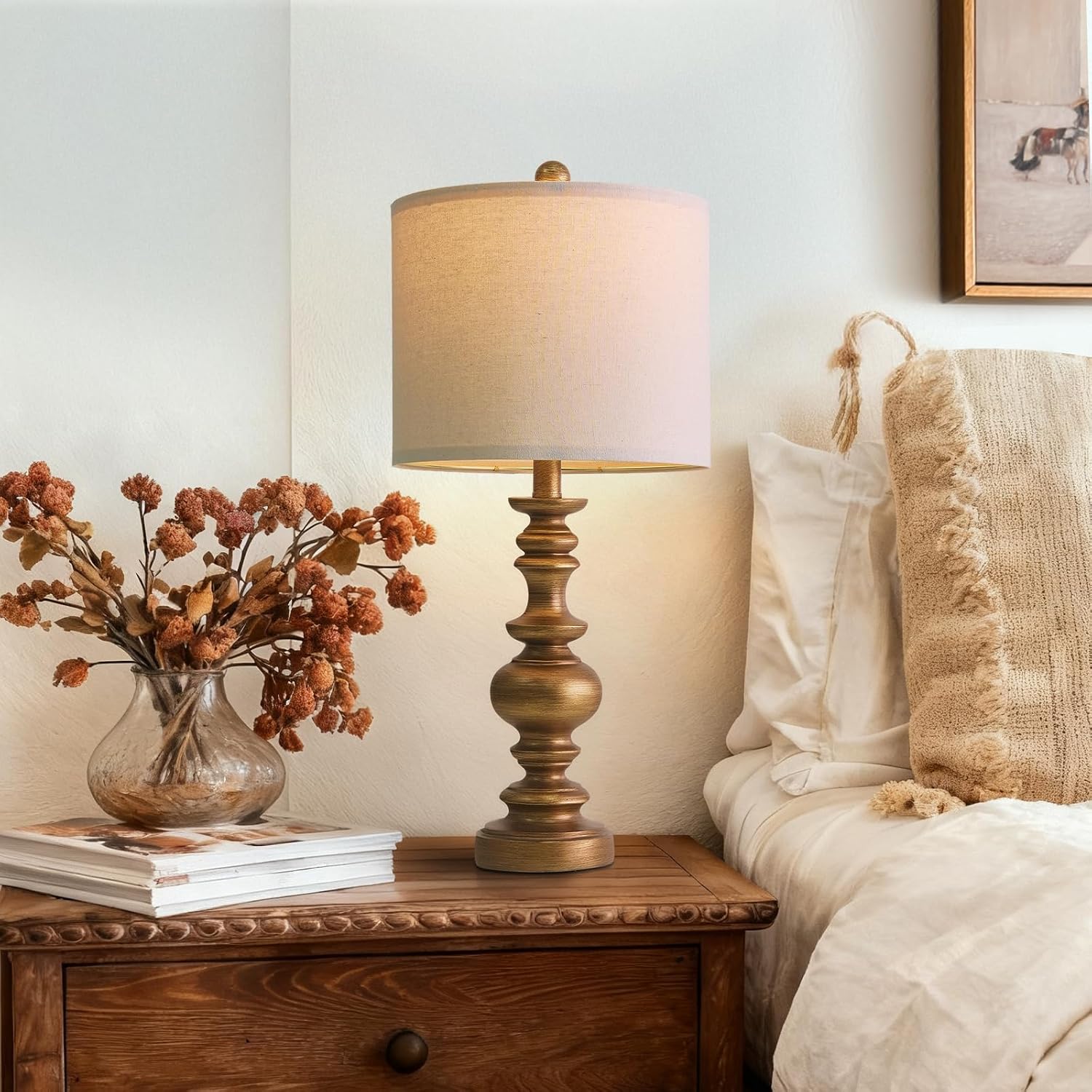 Detalle 1 de BOBOMOMO AMZ-T2026M-AGL Table Lamps, Set of 2, 24-Inch Antique Gold, Linen Shades