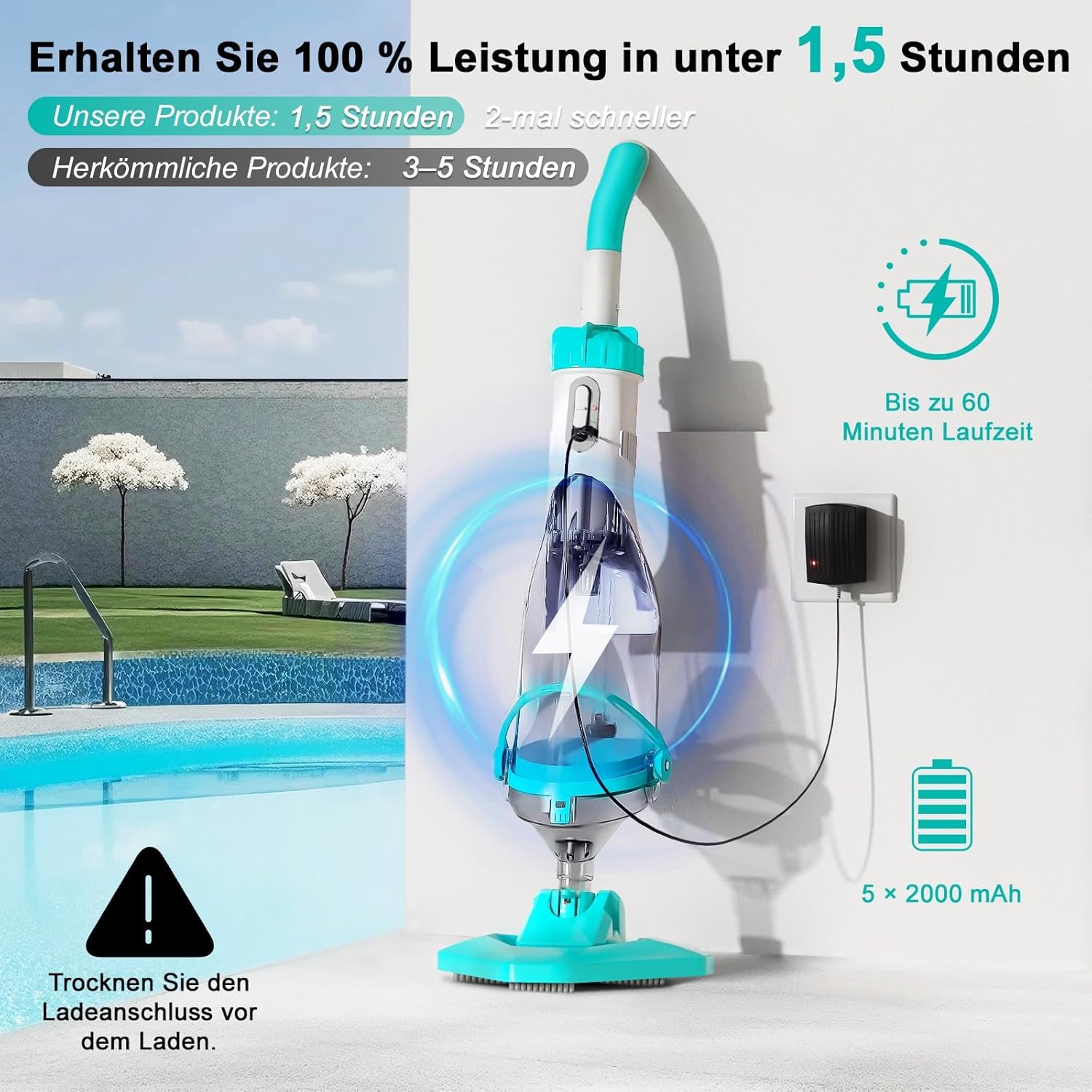 Thumbnail 4 de FOTING Poolsauger Akku – kabelloser Bodensauger mit 4200 L/H, 60 Minuten Laufzeit