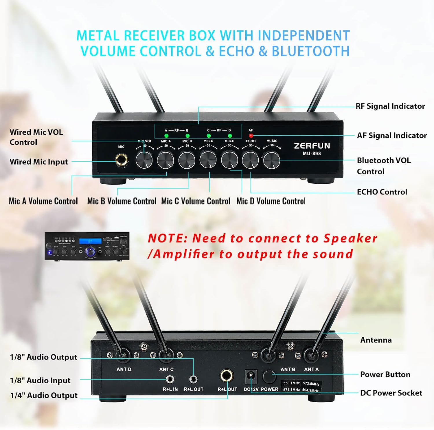 Detalle de ZERFUN MU-898 4-Channel Rechargeable Wireless Microphone System