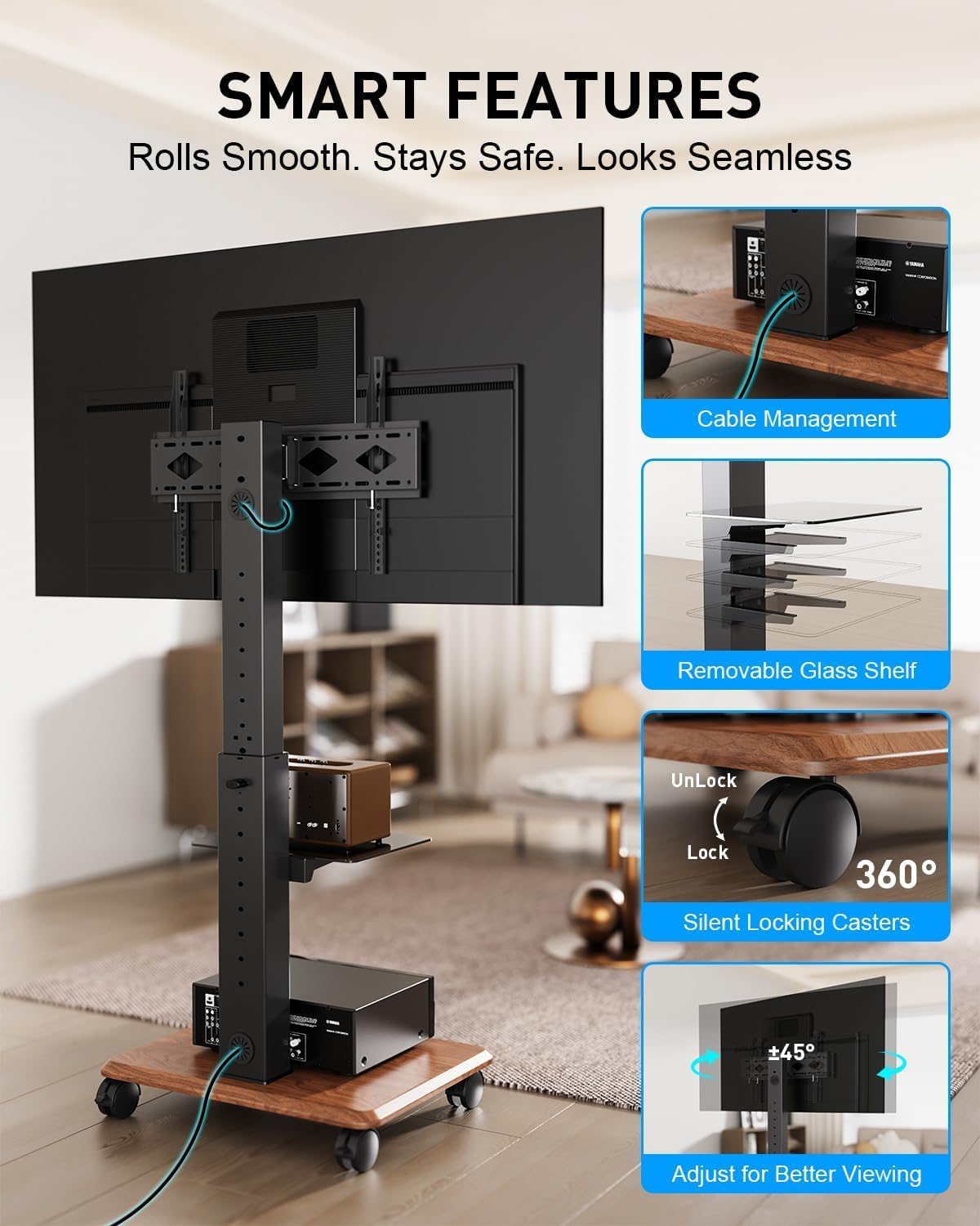 Detalle 2 de Xyndyx Rolling TV Stand, 32–75-Inch TVs