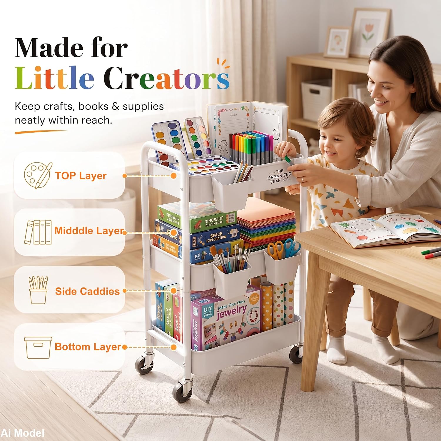 Detalle 2 de Aofure 3-Tier Rolling Cart, White Metal Organizer with Locking Wheels