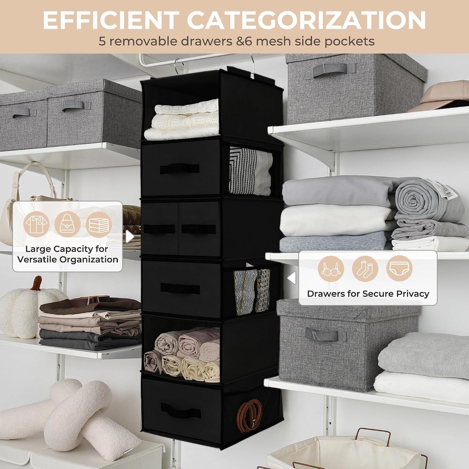 Thumbnail 4 de GRANNY SAYS GS4006 6-Shelf Hanging Closet Organizer with Drawers, Black