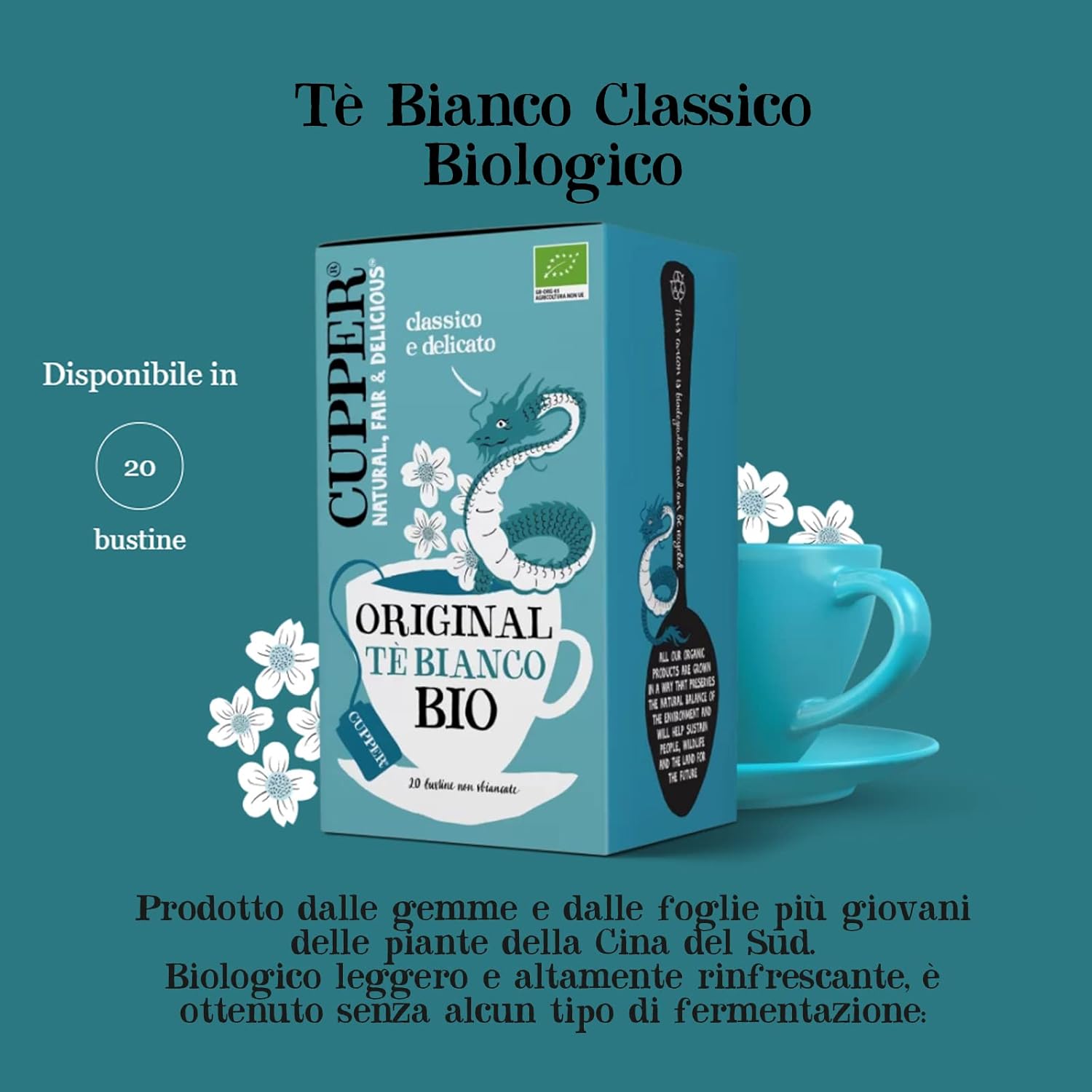 Detalle de CUPPER Tè Bianco Biologico e Fairtrade – Classico e Delicato, 80 bustine (4 Confezioni da 20)