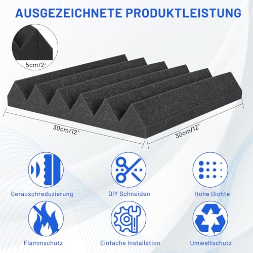 Detalle de Focusound 50 Stück Akustikschaumstoff Schalldämmung 30x30x5 cm – Hochdichte Schallabsorber mit Klebekleben