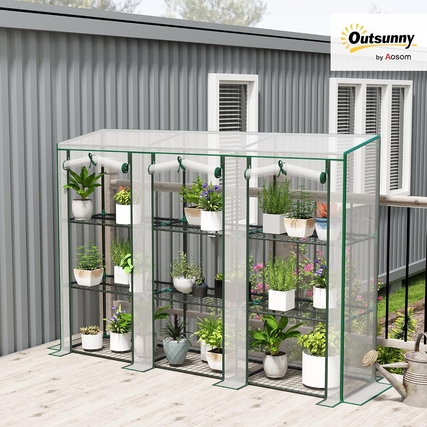 Detalle de Outsunny 84H-228V01WT tuinkas met 3 niveaus en 9 legplanken, wit