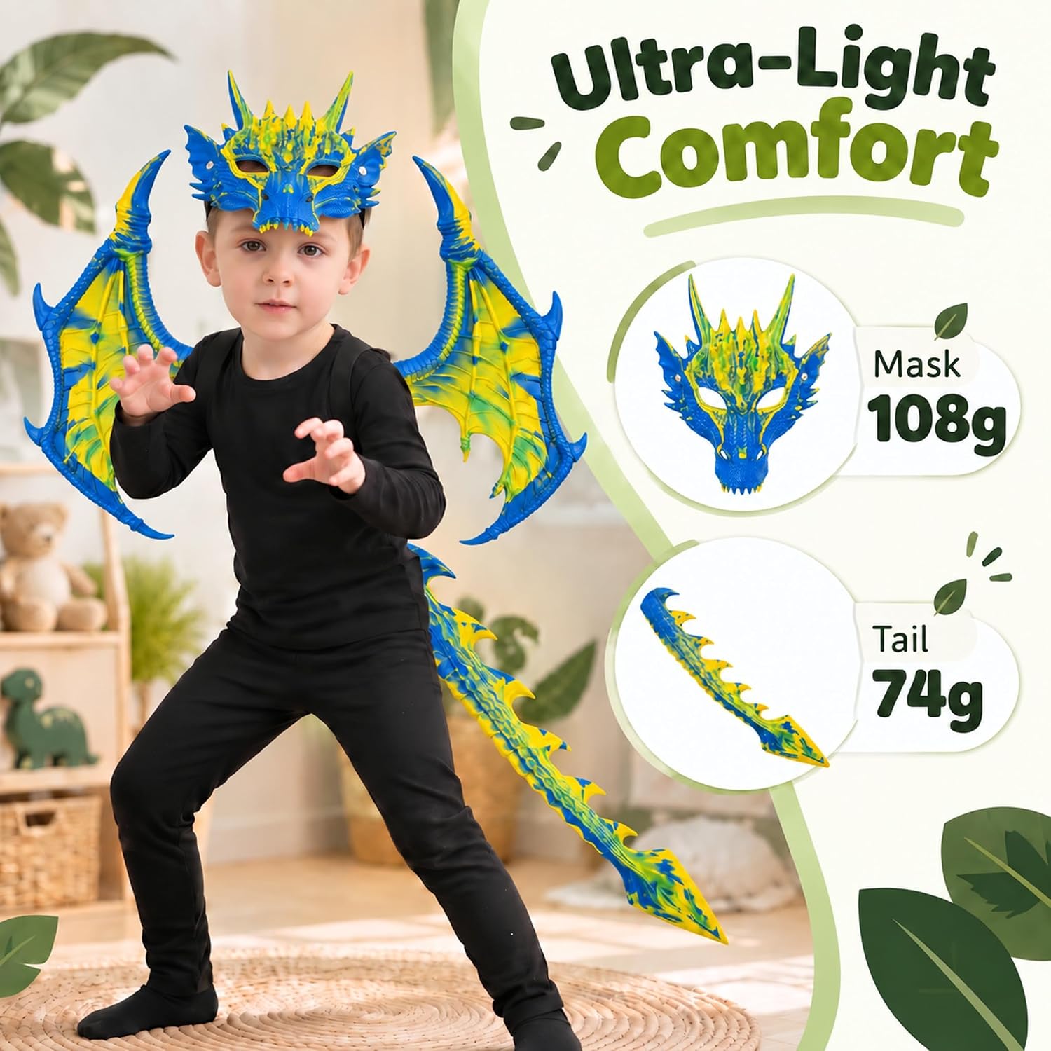 Detalle 2 de CRTEPST Dragon Costume for Kids, Canary Blue Mask, Wings and Tail