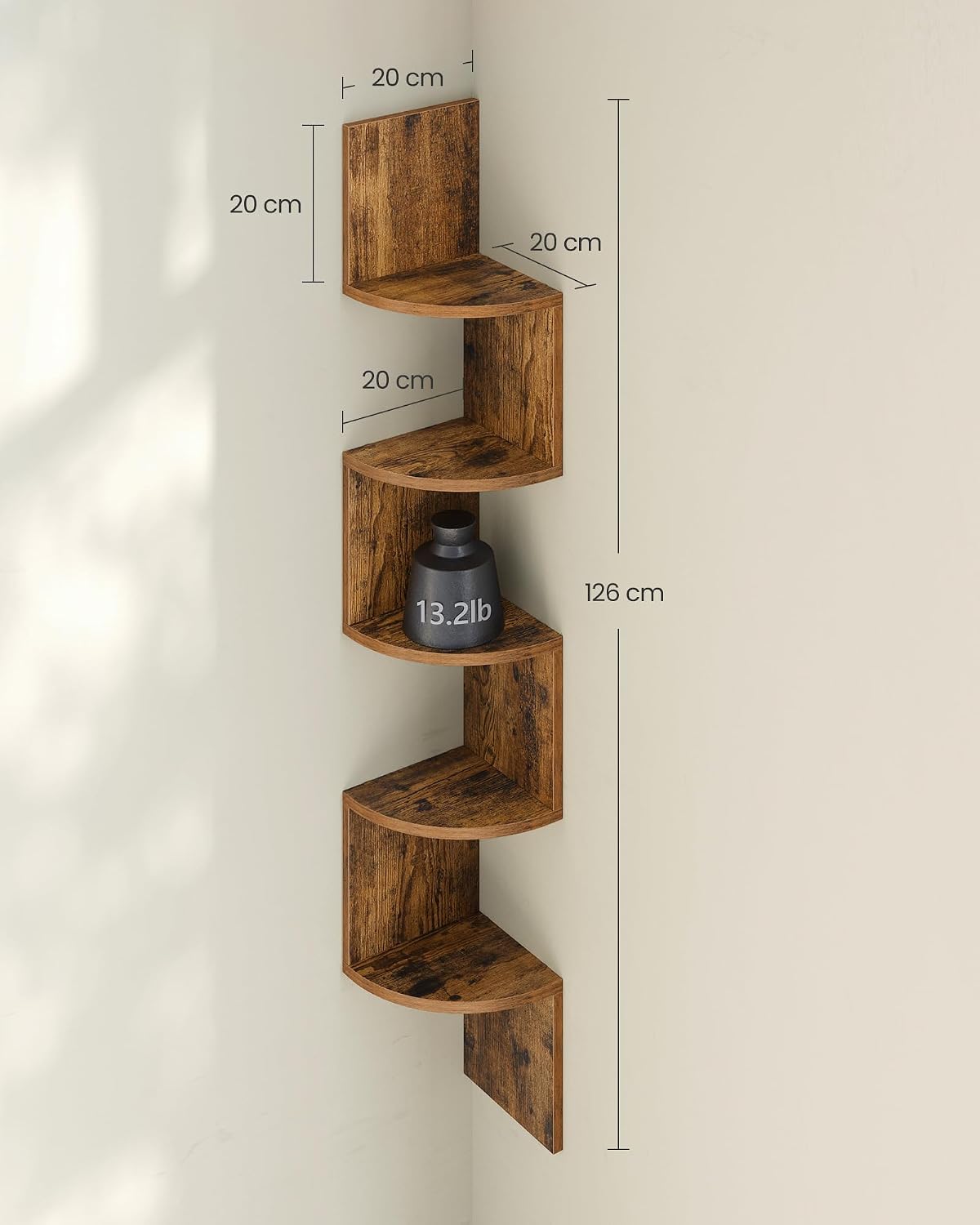 Detalle de VASAGLE CUSTOS LBC20BX 5-Tier Corner Shelf, Wall-Mounted, Rustic Brown