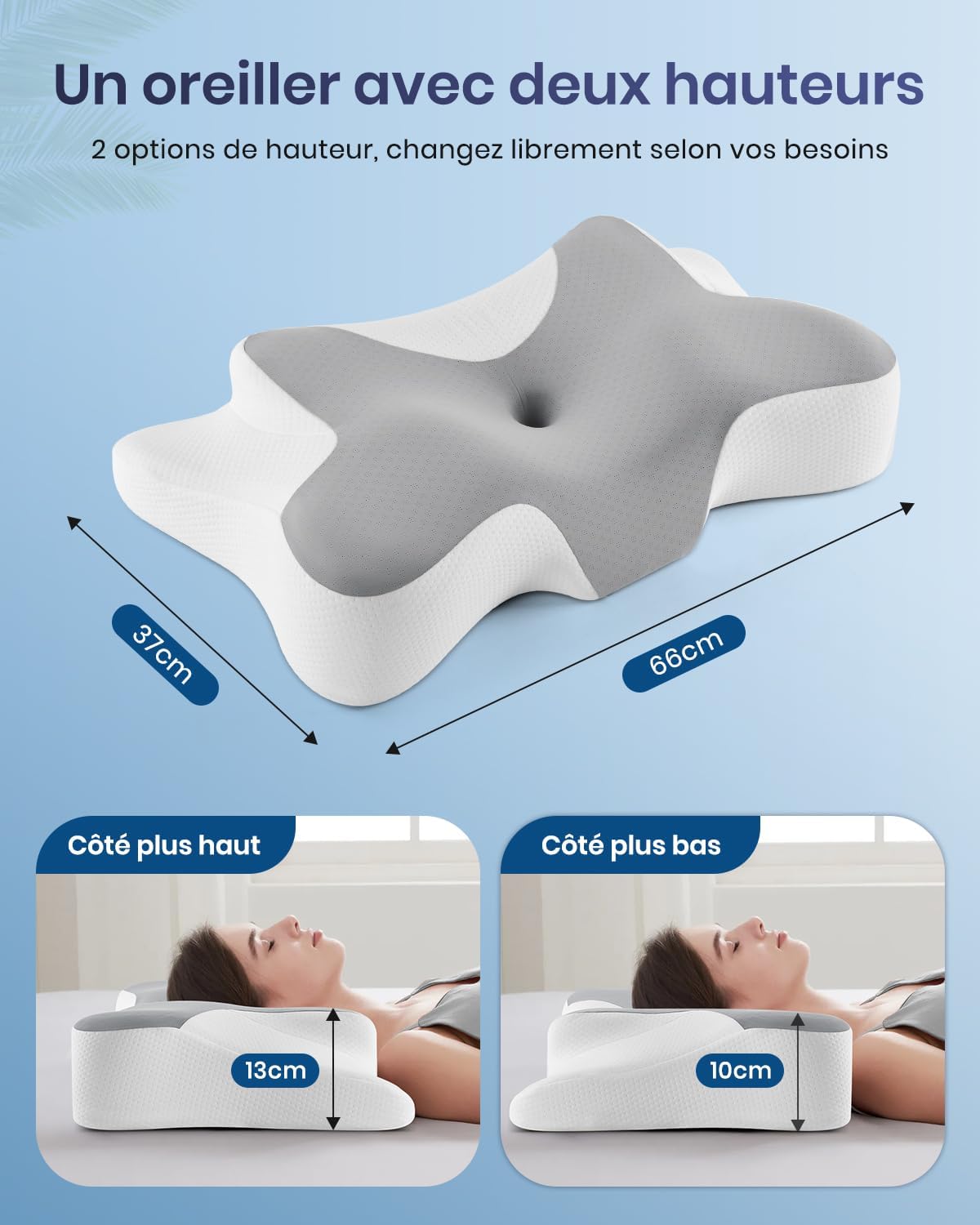 Detalle de Oreiller cervical ergonomique à mémoire de forme DONAMA (66x37x13 cm) – gris blanc