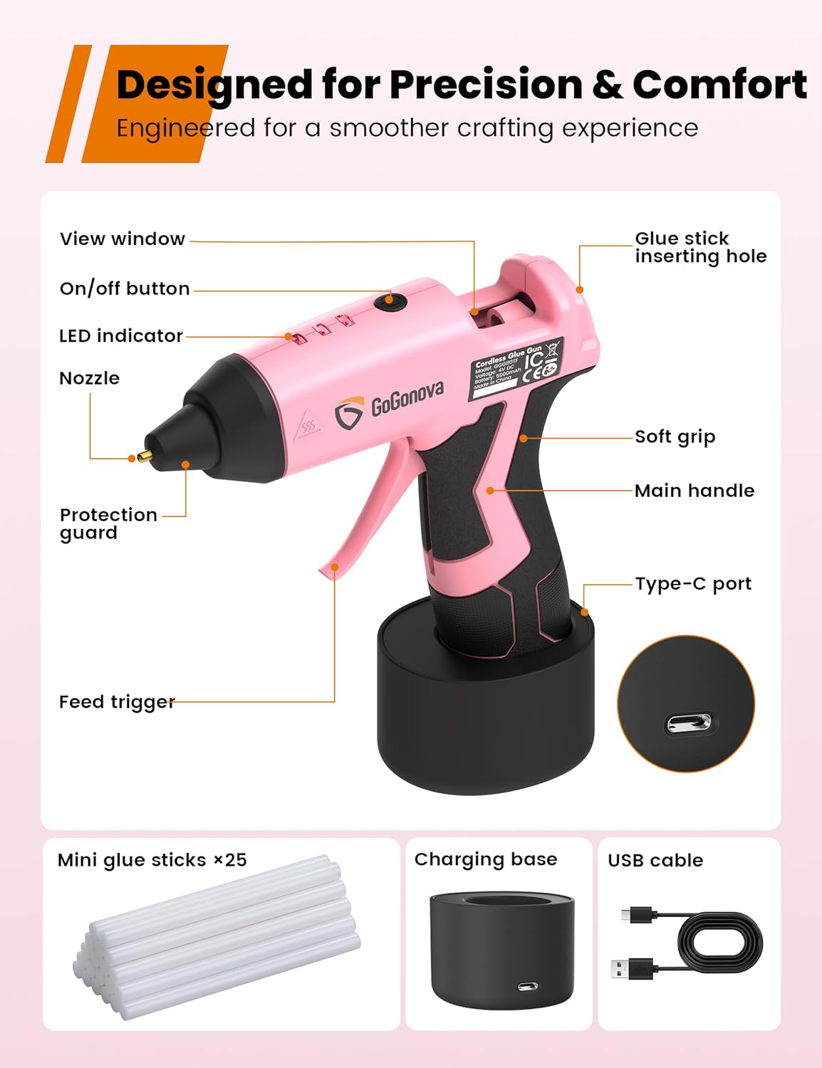 Detalle 2 de GoGonova GT01002-L4-US-A43 Cordless Hot Glue Gun Kit, 5Ah, 25 Sticks