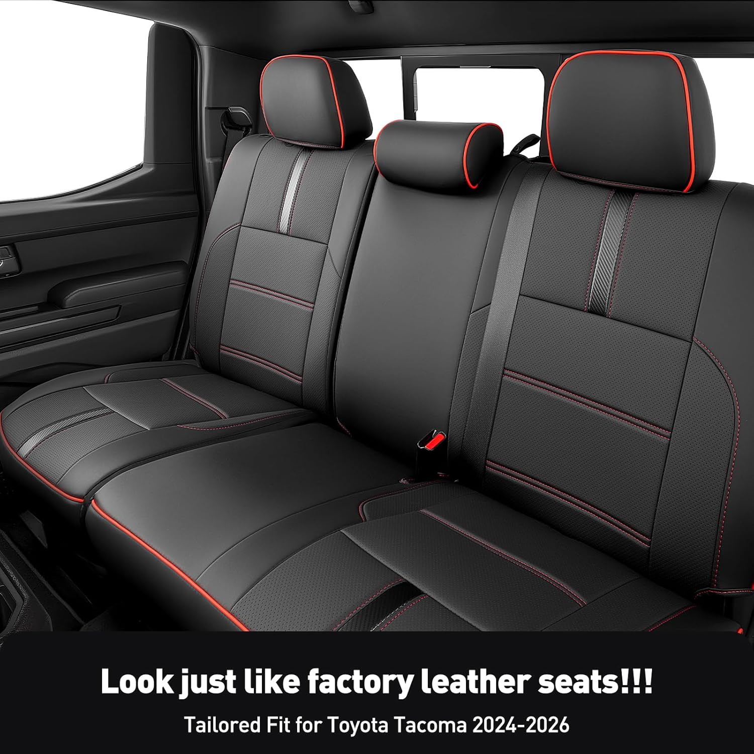 Detalle de DiffCar for Toyota Tacoma Seat Covers (2024–2026, Gas Only) – Full Faux Nappa Leather Set in Black/Red