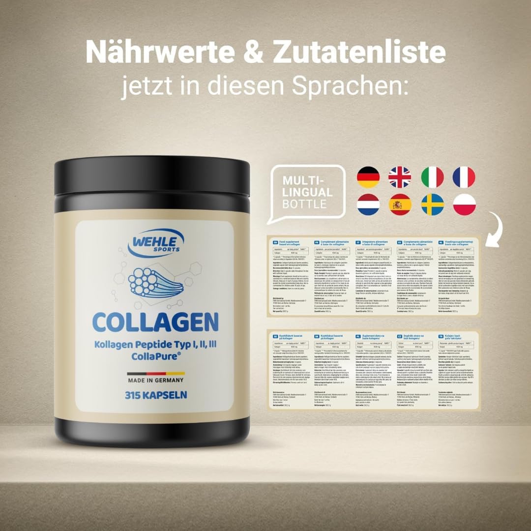 Detalle de Kollagen Kapseln hochdosiert von Wehle Sports – 315 Stück, 4550 mg Kollagen pro Tag