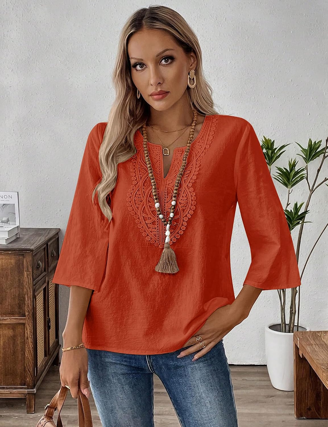 Thumbnail 2 de Lomon Women’s 3/4 Sleeve Cotton-Linen V-Neck Lace Top (Boho Loose Fit)