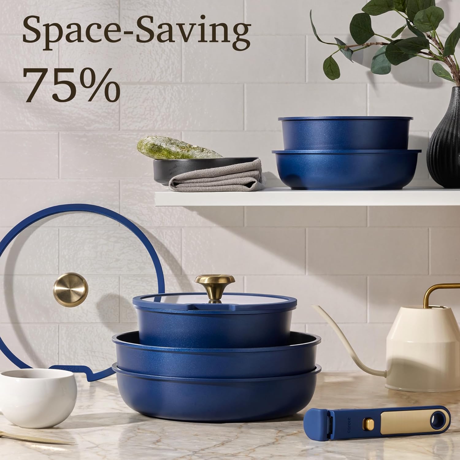 Thumbnail 2 de CAROTE Blue & Gold Ceramic Cookware Set: Non-Toxic, PFAS-Free 15-Piece with Detachable Handles