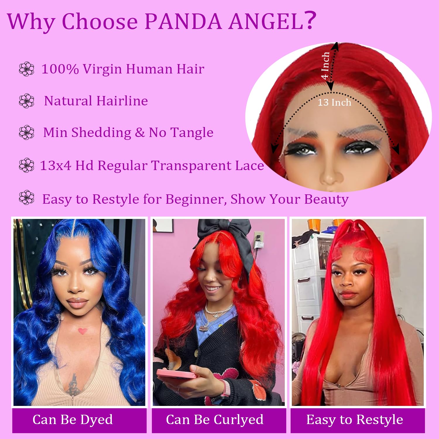 Detalle de Red Burgundy Straight Lace Front Wig (13x4) | 100% Unprocessed Human Hair, Glueless Wear-and-Go