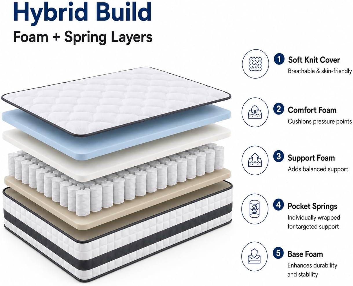 Detalle de Twirest Double Mattress 4FT6 – Hybrid Memory Foam & Pocket Sprung, 135 x 190 x 22 cm