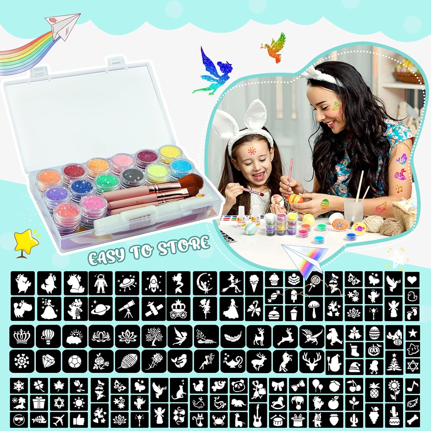 Detalle de Glitzer Tattoo Set Mädchen „Eleanore’s Diary“ – temporäre Bioglitzer-Tattoos mit 165 Schablonen, 31 Farben & 4 Pinseln
