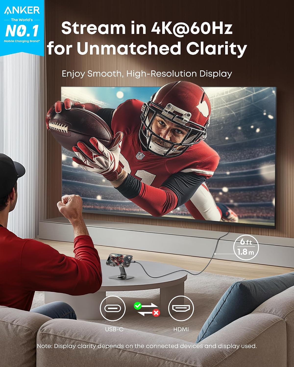 Thumbnail 1 de Anker HDMI Cable (USB-C to HDMI) for 4K@60Hz, Thunderbolt 5/4/3, 6 ft braided lead