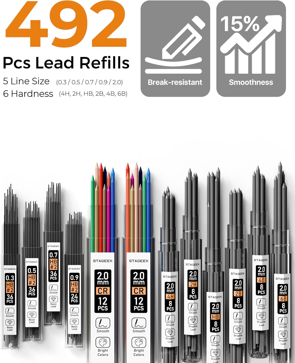 Detalle de STAGEEK Druckbleistifte-Set (6 Stück) inkl. 492 Minen in 0,3 / 0,5 / 0,7 / 0,9 und 2,0 mm