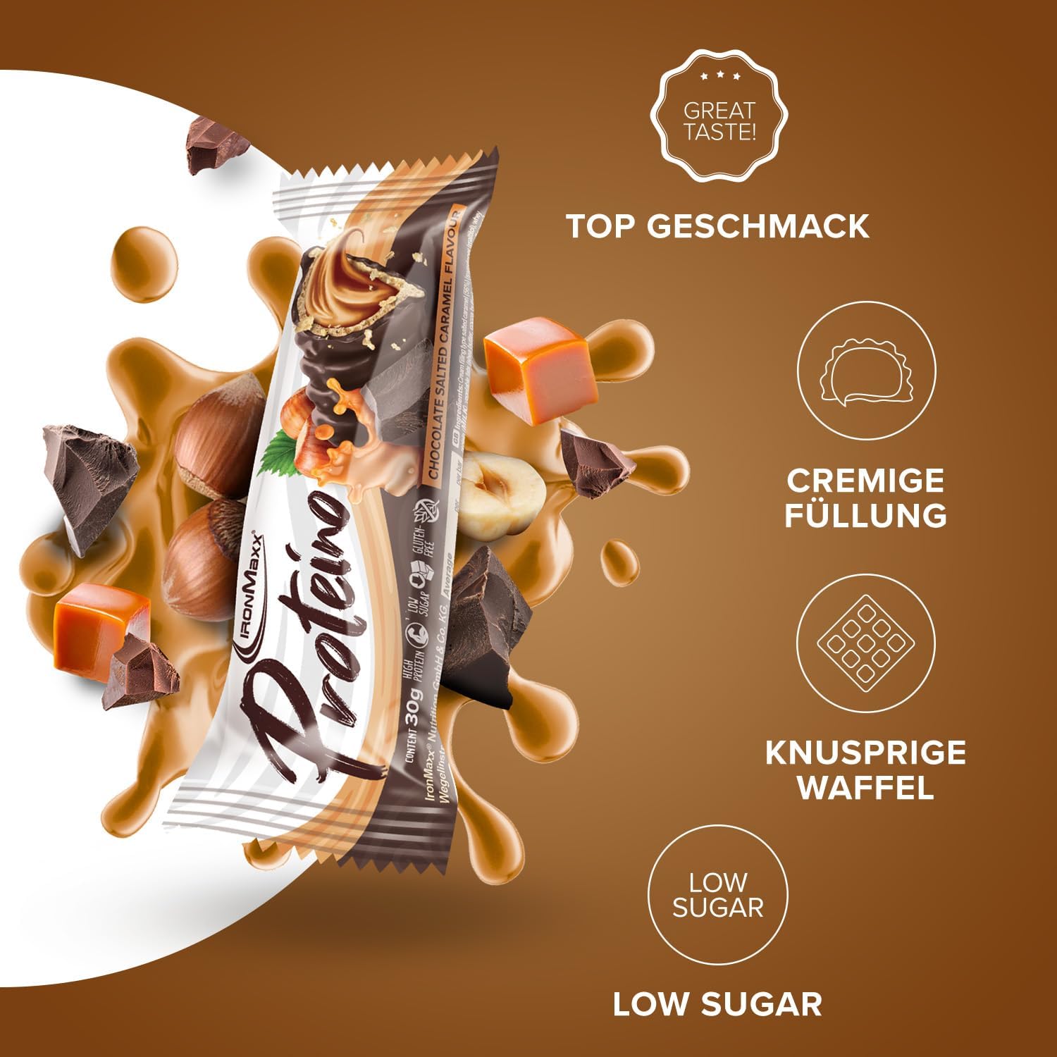 Detalle de IronMaxx Proteino Proteinriegel – Chocolate Salted Caramel, 12 x 30 g