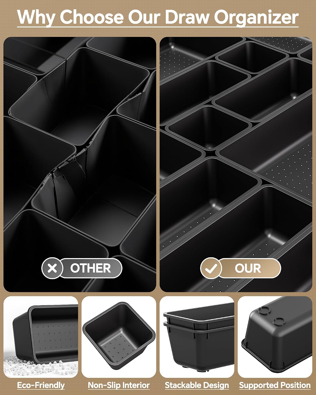 Detalle de KEMETHY Drawer Organizer Bins, 4 Sizes