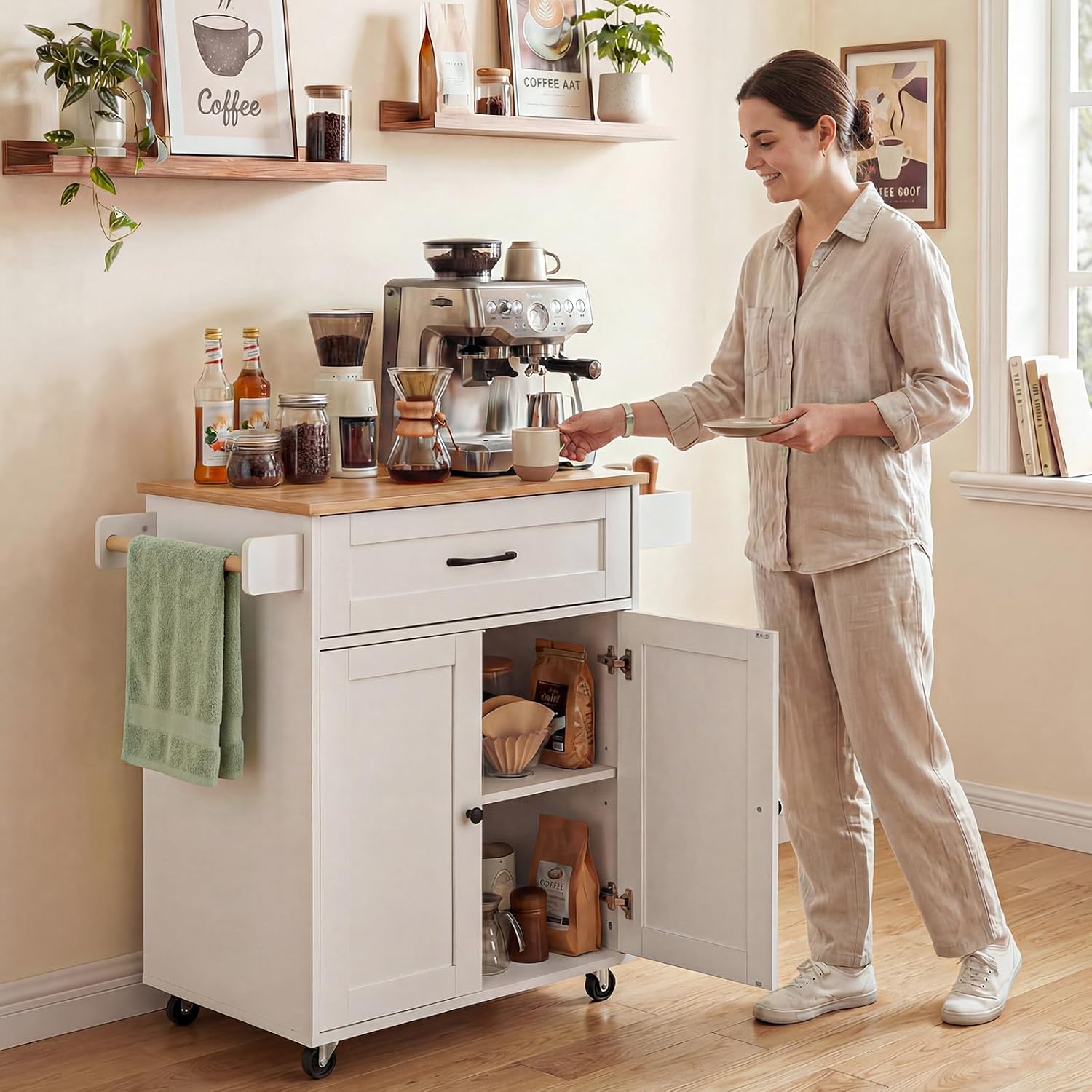 Detalle 2 de HOKEEPER chariot de cuisine mobile avec porte-serviettes, étagère à épices et tiroirs