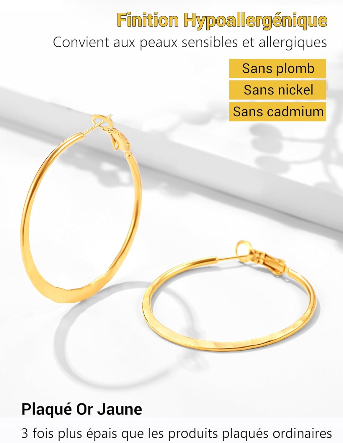 Thumbnail 2 de PROSTEEL Boucles d’oreilles créoles femme en acier inoxydable 316L (40 mm) – anneau plat, plaqué or jaune ou noir