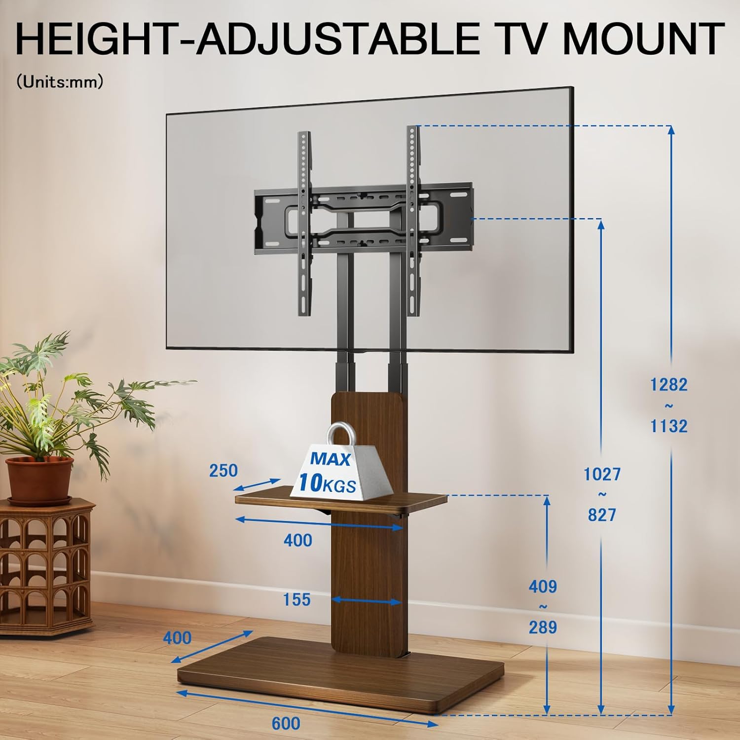 Thumbnail 6 de TVON support TV au sol sur roulettes cachées (32 à 70 pouces) hauteur réglable, base en bois