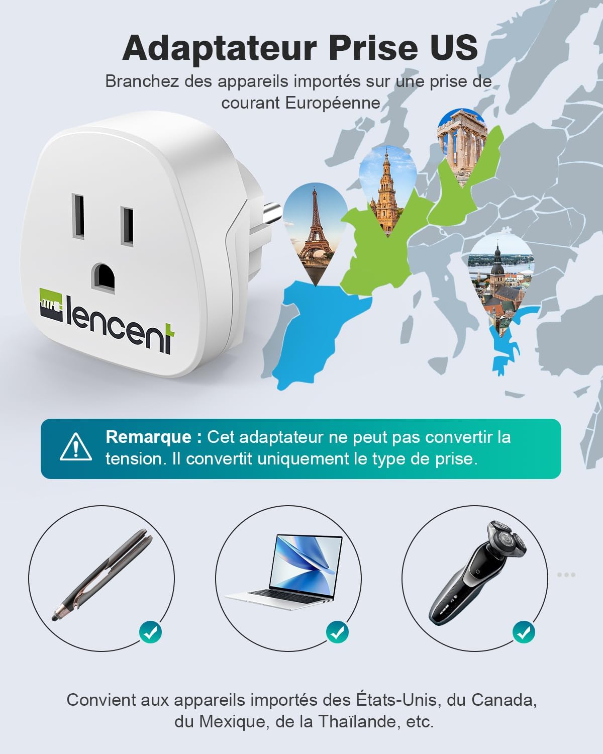 Detalle 2 de LENCENT 2X Adaptateur USA vers Europe