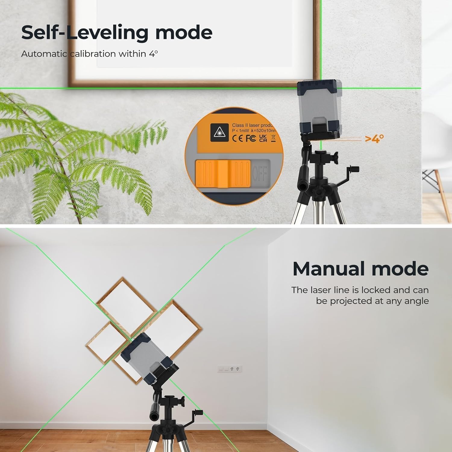 Detalle 2 de CIGMAN Green Laser Level: Self-Leveling Cross Line, 30m Reach, Rechargeable Battery